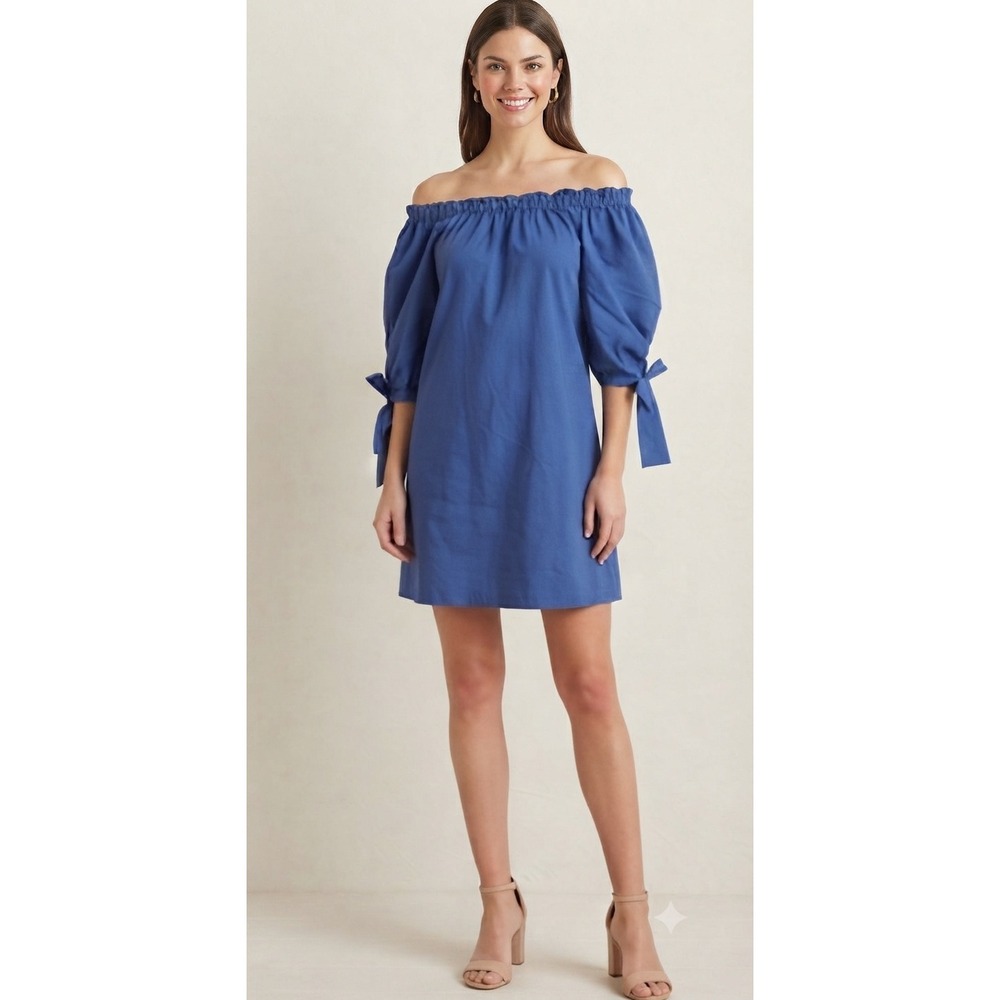 CeCe Dress Womens‎ 8 Blue Off the Shoulder Puff Sleeve Mini 7020931ST Moonlit